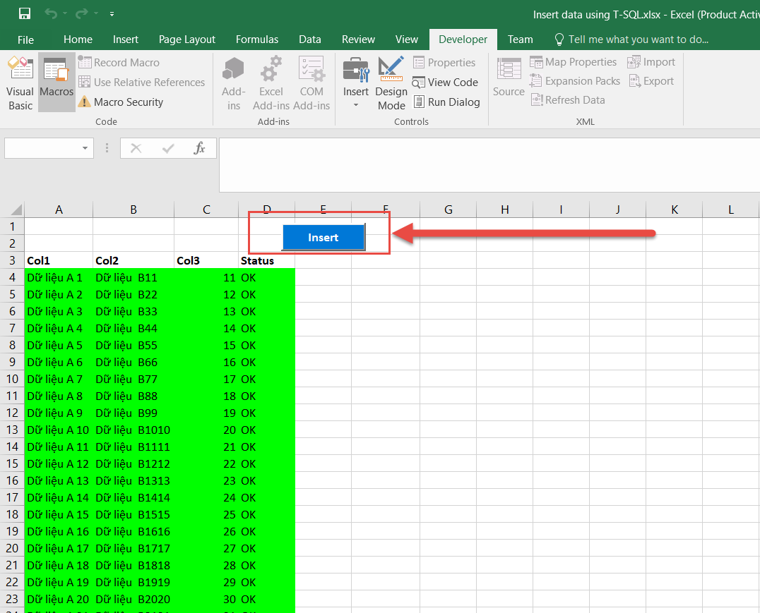 Не работает insert в excel